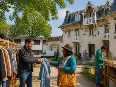 Des visiteurs choisissent des vêtements devant le bâtiment historique de Emmaüs Le Plessis-Trévise