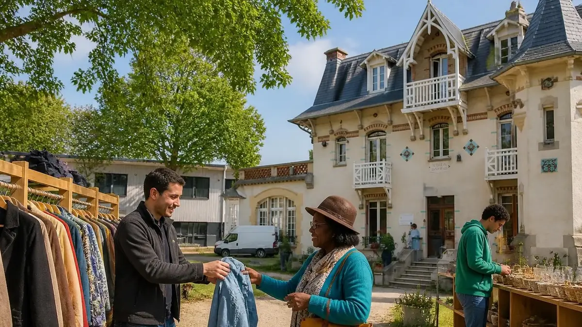 Des visiteurs choisissent des vêtements devant le bâtiment historique de Emmaüs Le Plessis-Trévise