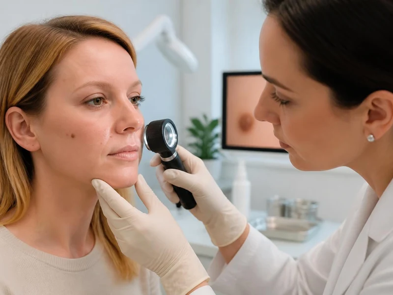 Une dermatologue examine la peau d'une patiente avant d'enlever grain de beauté au cabinet médical