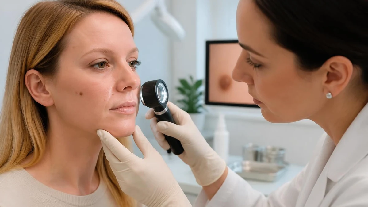 Une dermatologue examine la peau d'une patiente avant d'enlever grain de beauté au cabinet médical