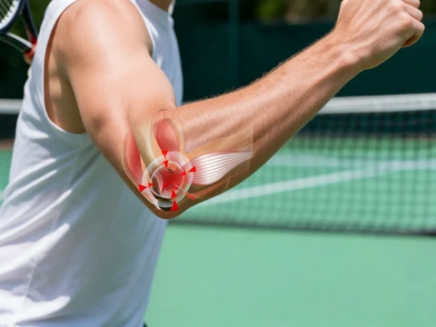 Schéma anatomique illustrant une épicondylite coude temps de guérison chez un joueur de tennis sur un court