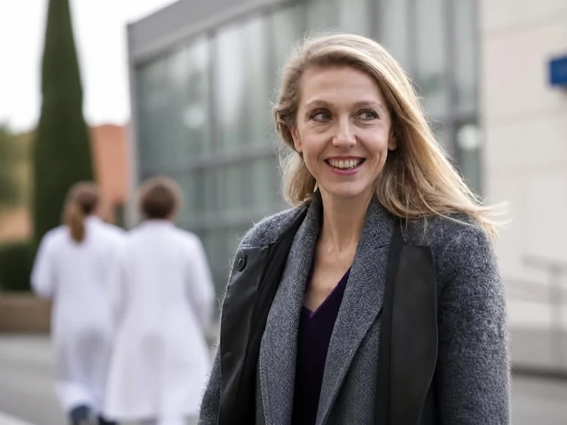 Portrait souriant d'Estelle Macron en extérieur près d'un bâtiment hospitalier