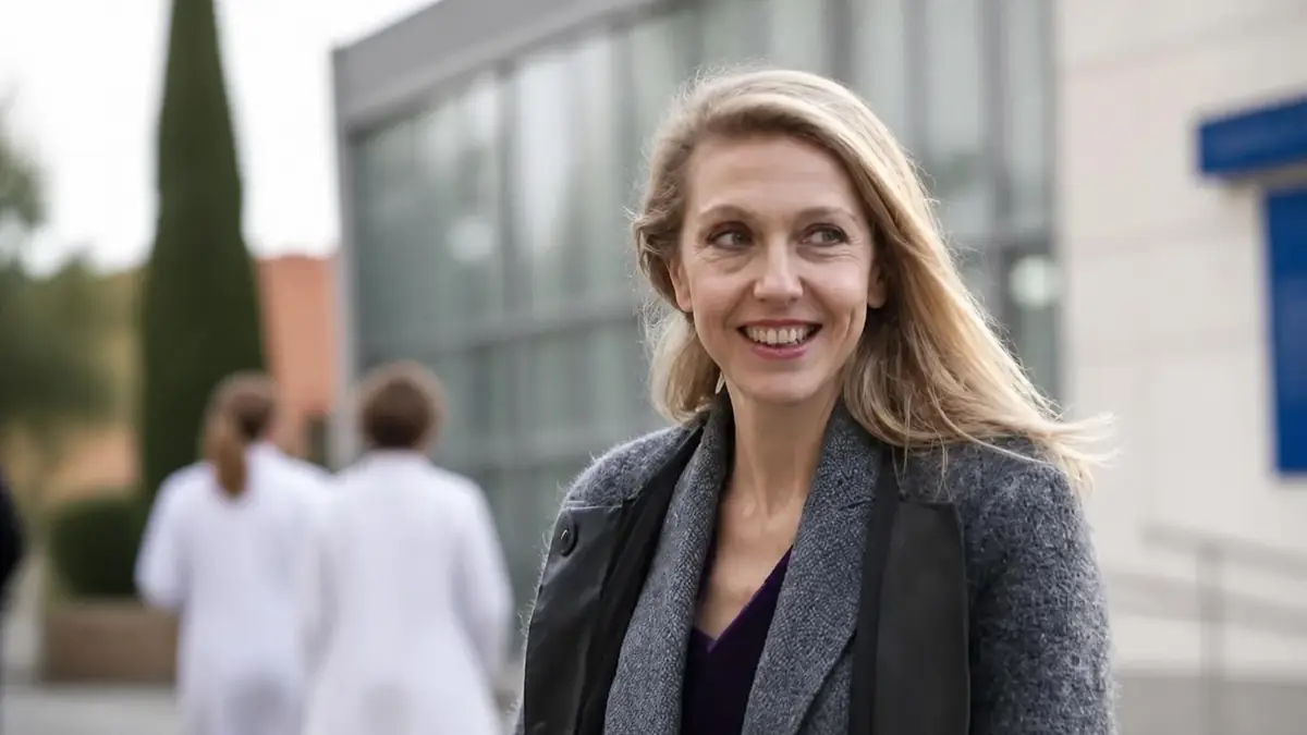 Portrait souriant d'Estelle Macron en extérieur près d'un bâtiment hospitalier