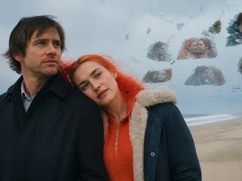 Jim Carrey et Kate Winslet sur une plage dans Eternal Sunshine of the Spotless Mind Michel Gondry