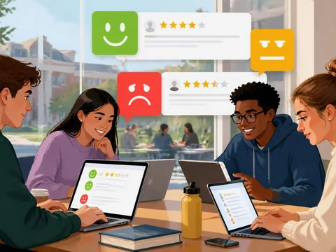 Des étudiants utilisent leurs ordinateurs pour évaluer leurs enseignants sur une plateforme de type rate my class