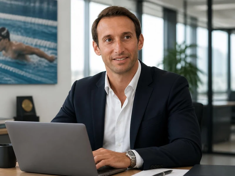 Fabien Gilot en costume travaille sur son ordinateur dans un bureau moderne