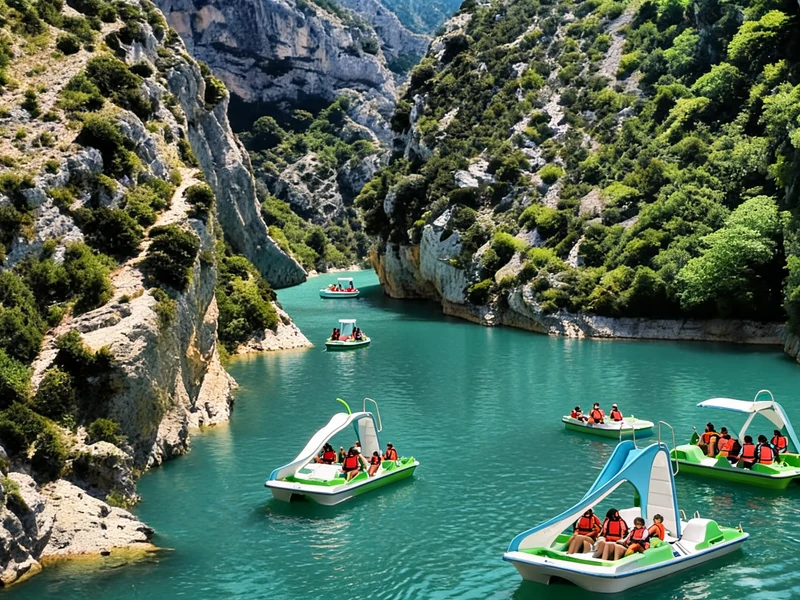 Plusieurs personnes profitent d'une balade en pédalo gorge du verdon sur les eaux turquoise entre les falaises