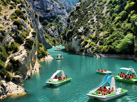 Plusieurs personnes profitent d'une balade en pédalo gorge du verdon sur les eaux turquoise entre les falaises
