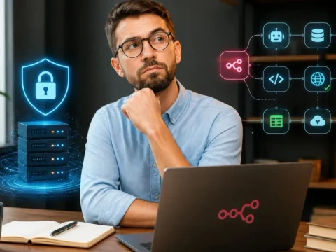 Un développeur réfléchit devant son ordinateur en suivant une formation N8n sur l'automatisation sécurisée des flux de données