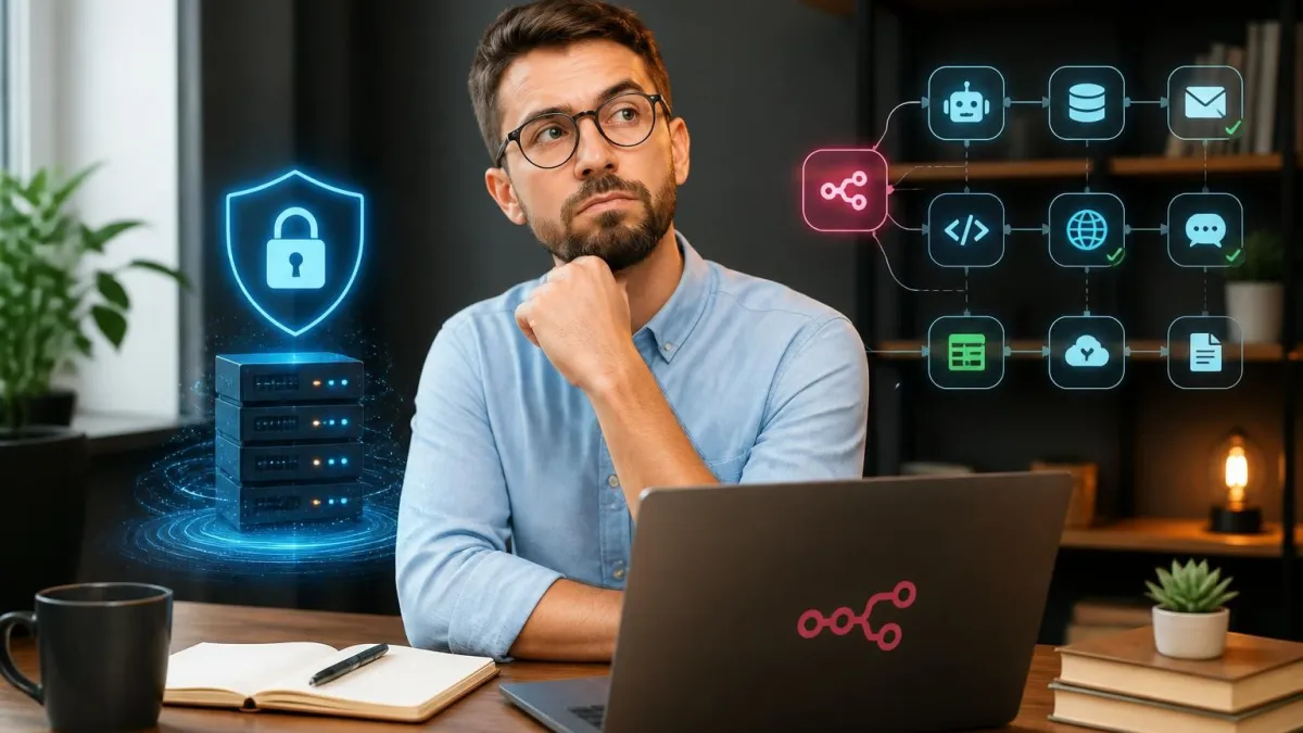 Un développeur réfléchit devant son ordinateur en suivant une formation N8n sur l'automatisation sécurisée des flux de données