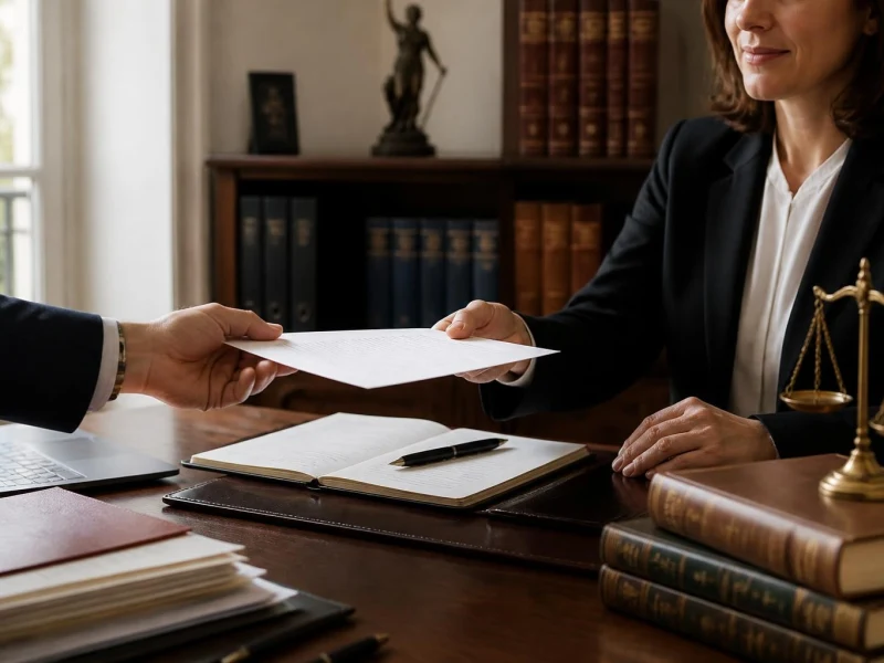 Un avocat remettant un document officiel illustrant les bonnes formules de politesse pour un avocat dans un cabinet