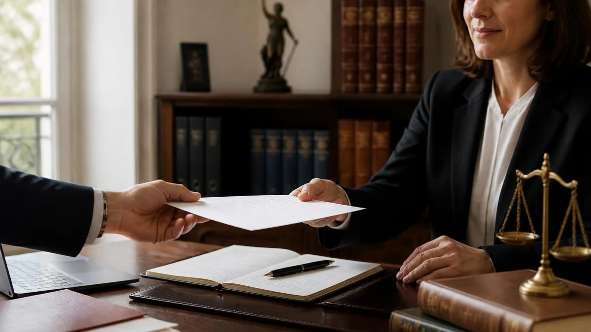 Un avocat remettant un document officiel illustrant les bonnes formules de politesse pour un avocat dans un cabinet