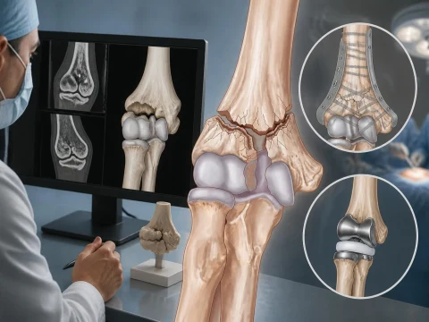 Schéma médical montrant la fracture et la réparation chirurgicale de la palette humérale avec ostéosynthèse ou prothèse