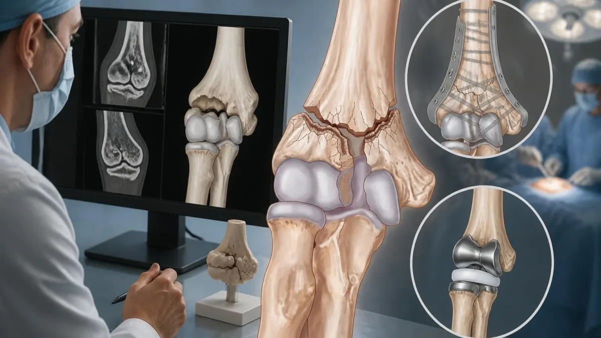 Schéma médical montrant la fracture et la réparation chirurgicale de la palette humérale avec ostéosynthèse ou prothèse