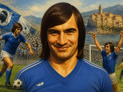 Portrait peint de l'ancien footballeur François Félix avec des scènes de match et un paysage corse en arrière-plan