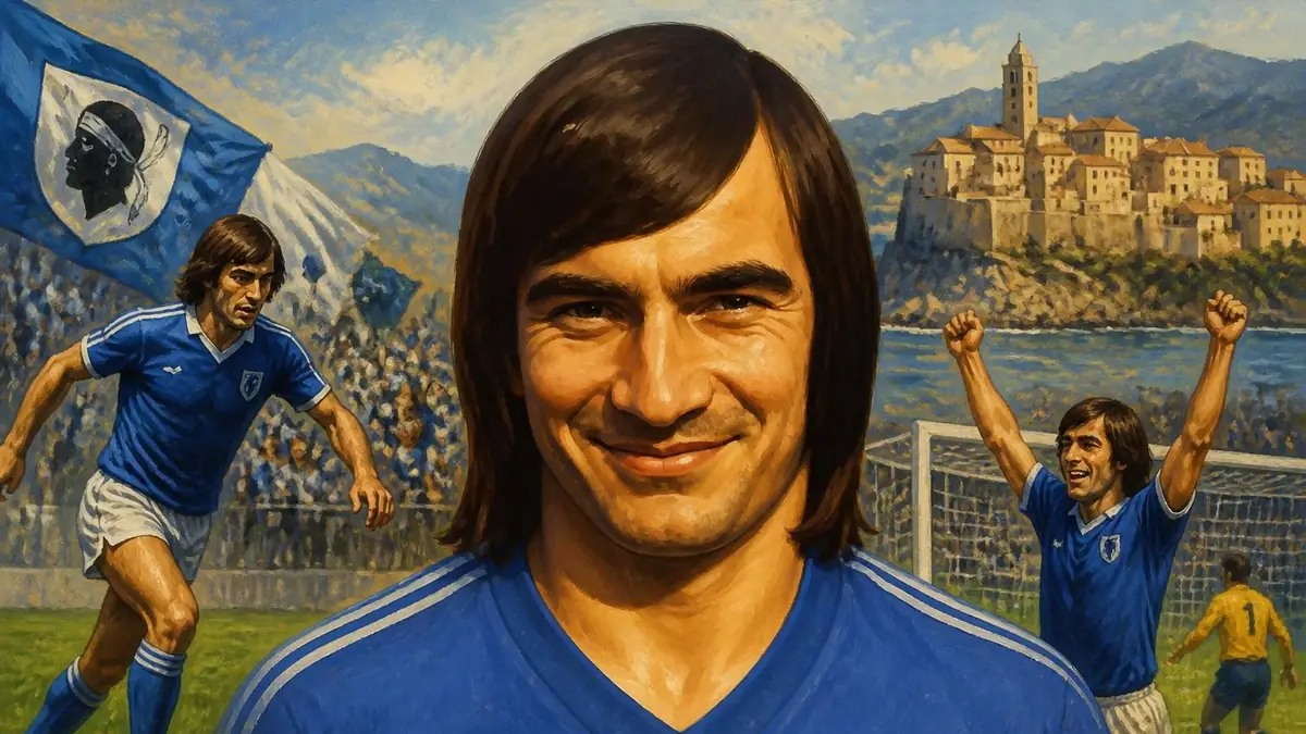 Portrait peint de l'ancien footballeur François Félix avec des scènes de match et un paysage corse en arrière-plan