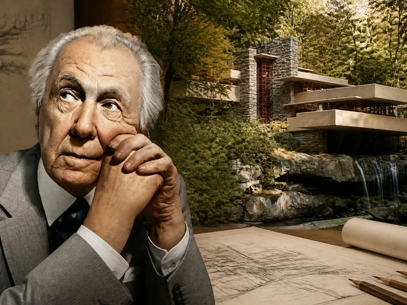 Portrait pensif de Frank Lloyd Wright the architect devant une esquisse et sa célèbre maison sur la cascade