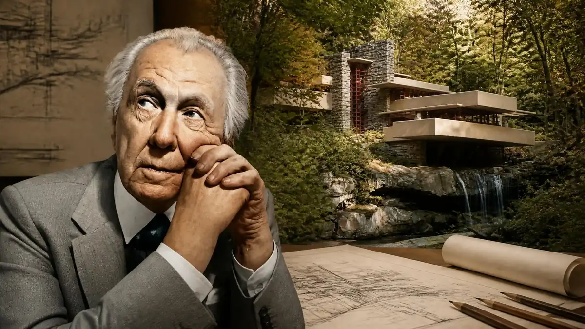 Portrait pensif de Frank Lloyd Wright the architect devant une esquisse et sa célèbre maison sur la cascade