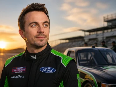 Frankie Muniz en tenue de pilote devant sa voiture de course sur un circuit au coucher du soleil