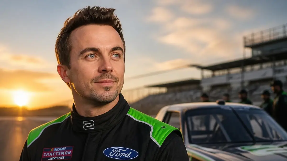 Frankie Muniz en tenue de pilote devant sa voiture de course sur un circuit au coucher du soleil