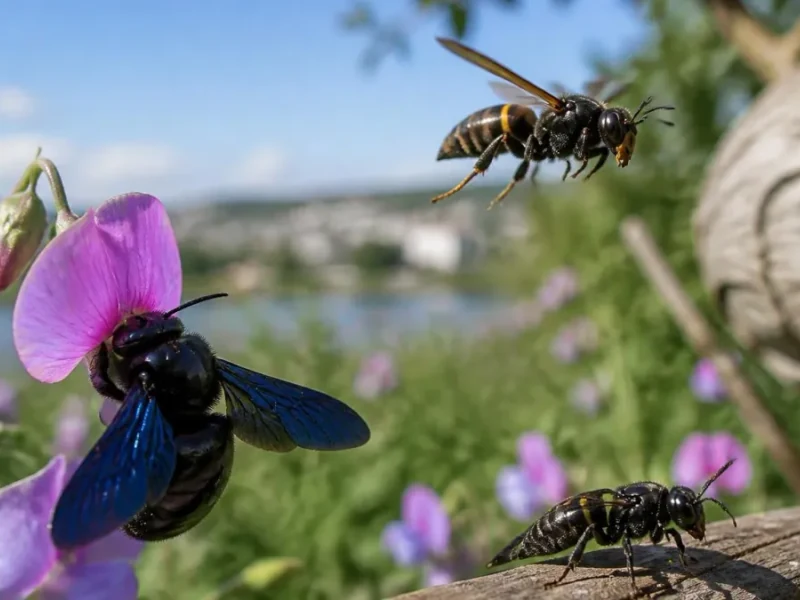 Un frelon noir et d'autres insectes butinent des fleurs dans un jardin près d'un nid