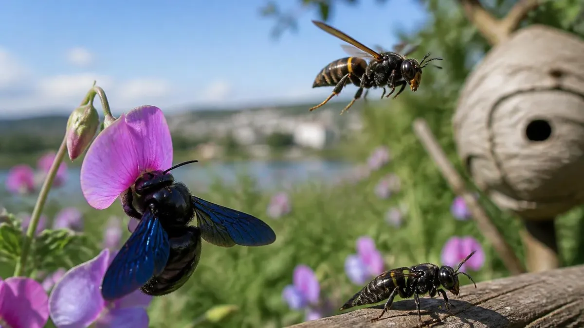 Un frelon noir et d'autres insectes butinent des fleurs dans un jardin près d'un nid