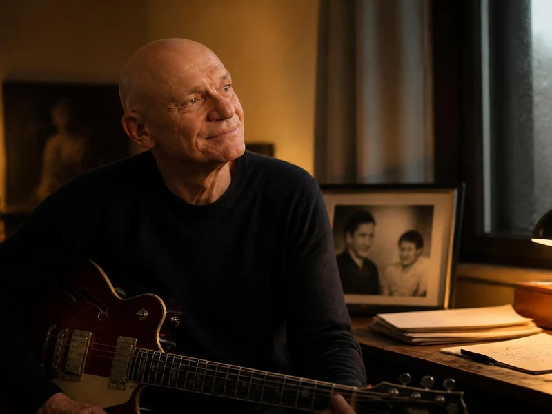 Portrait mélancolique de Gaëtan Roussel malade, assis avec sa guitare dans une pièce sombre près d'une fenêtre