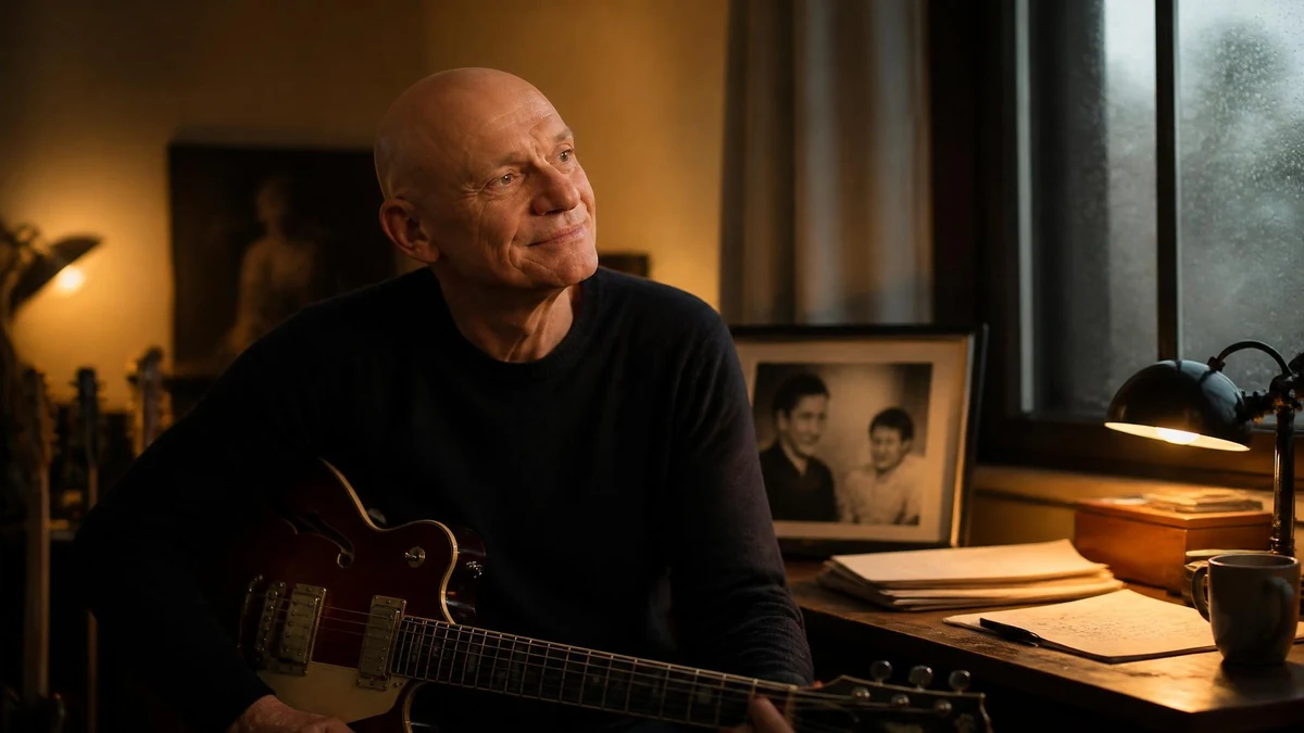 Portrait mélancolique de Gaëtan Roussel malade, assis avec sa guitare dans une pièce sombre près d'une fenêtre
