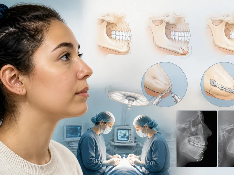 Schéma explicatif illustrant les étapes et techniques d'une chirurgie du menton appelée génioplastie