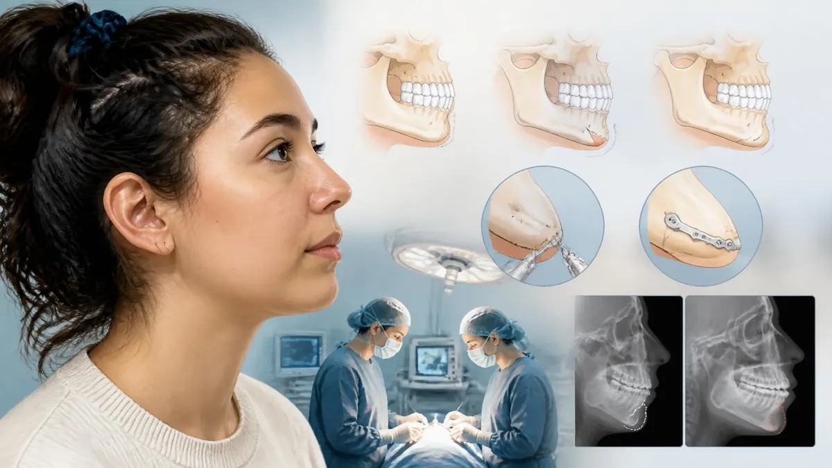 Schéma explicatif illustrant les étapes et techniques d'une chirurgie du menton appelée génioplastie