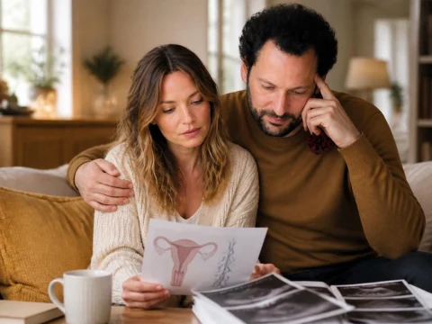 Un couple préoccupé examine un document médical, évoquant la question de savoir si Gennifer Demey enceinte est possible