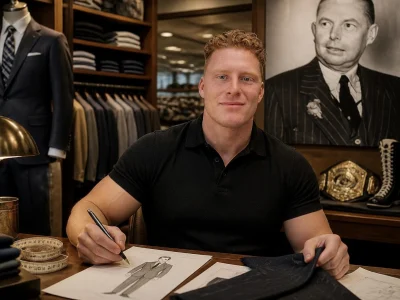 Un homme musclé dessine des vêtements dans un bureau rappelant l'héritage de George Richards