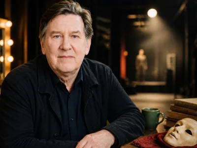 Portrait de l'acteur Gilles Renaud souriant dans les coulisses d'un théâtre avec des livres et une tasse sur une table