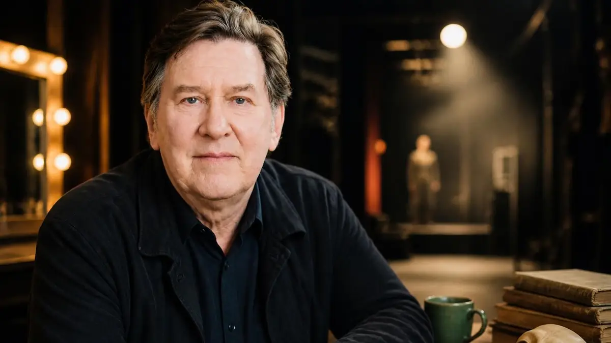 Portrait de l'acteur Gilles Renaud souriant dans les coulisses d'un théâtre avec des livres et une tasse sur une table