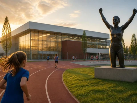 Une statue de la championne devant le gymnase Colette Besson avec des sportifs sur la piste d'athlétisme au coucher du soleil