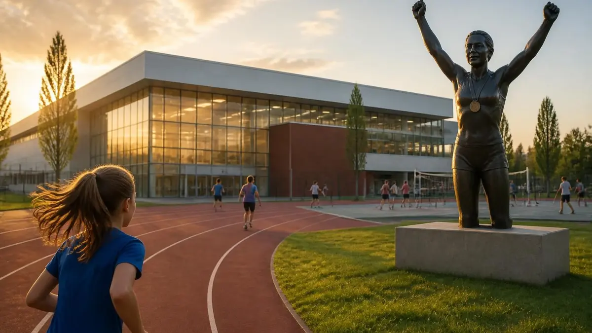 Une statue de la championne devant le gymnase Colette Besson avec des sportifs sur la piste d'athlétisme au coucher du soleil