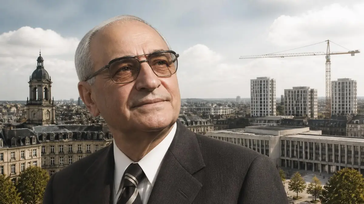 Portrait d'Henri Fréville devant une vue panoramique de la ville de Rennes en pleine transformation urbaine