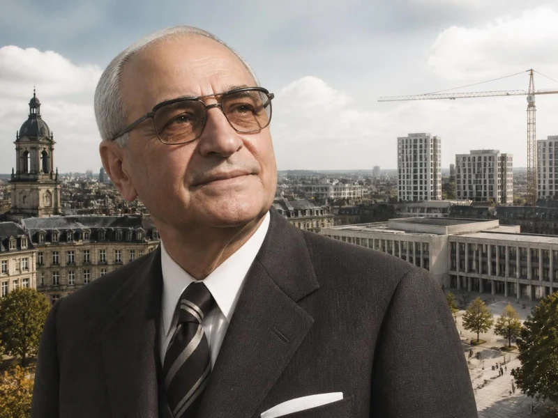Portrait d'Henri Fréville devant une vue panoramique de la ville de Rennes en pleine transformation urbaine