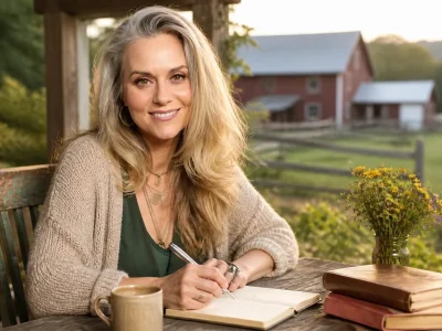 Hilarie Burton sourit en écrivant dans son carnet sur une terrasse en bois à la campagne