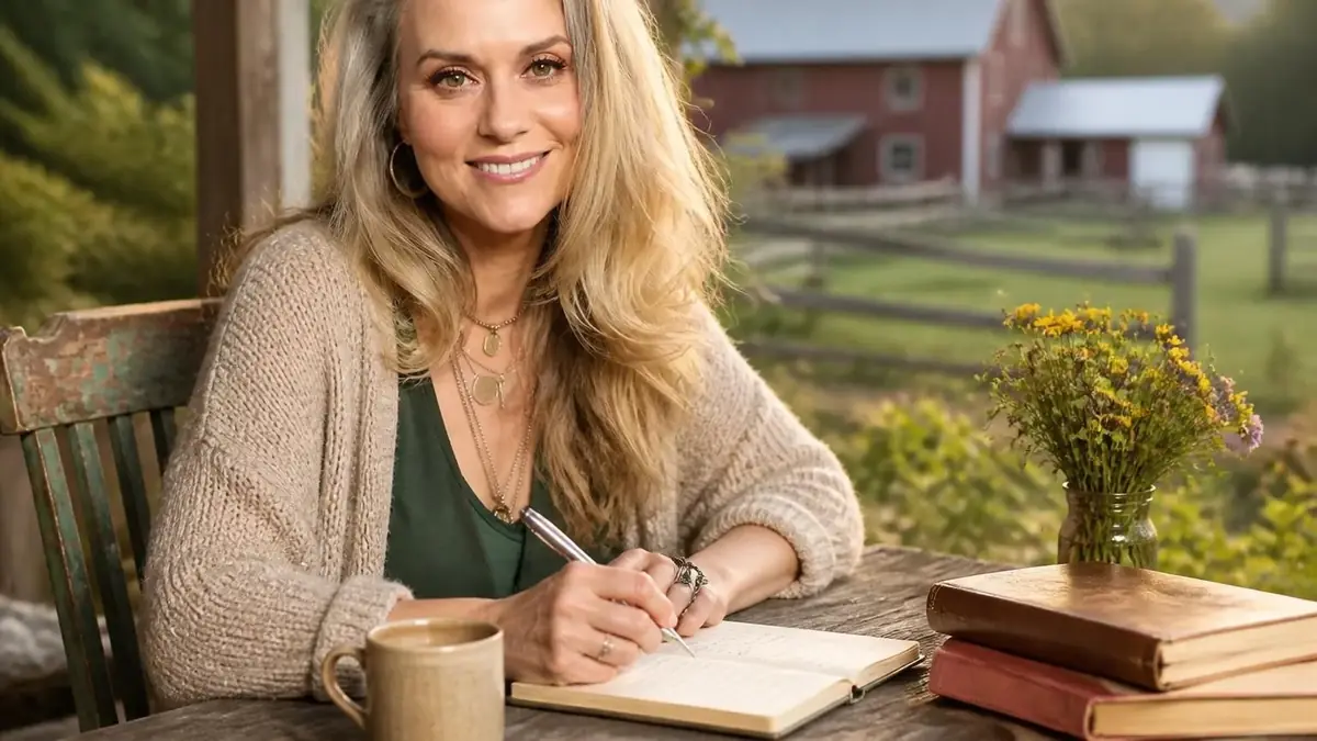 Hilarie Burton sourit en écrivant dans son carnet sur une terrasse en bois à la campagne