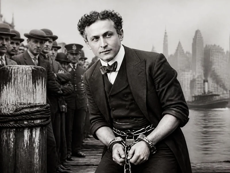 Le célèbre illusionniste Houdini posant menotté sur un quai face à une ville en arrière-plan