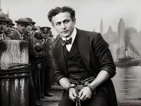 Le célèbre illusionniste Houdini posant menotté sur un quai face à une ville en arrière-plan