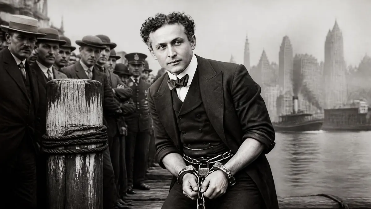 Le célèbre illusionniste Houdini posant menotté sur un quai face à une ville en arrière-plan