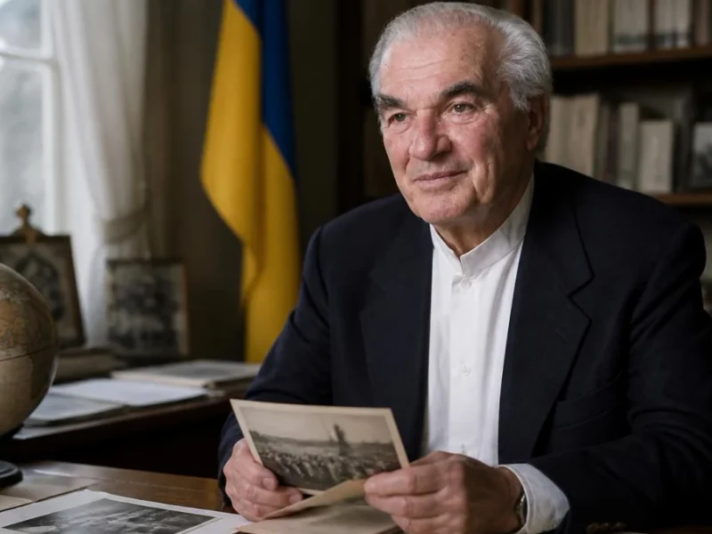 Portrait de Hugues Pernet assis à son bureau avec un globe et une photographie ancienne en main