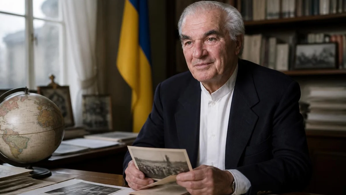 Portrait de Hugues Pernet assis à son bureau avec un globe et une photographie ancienne en main