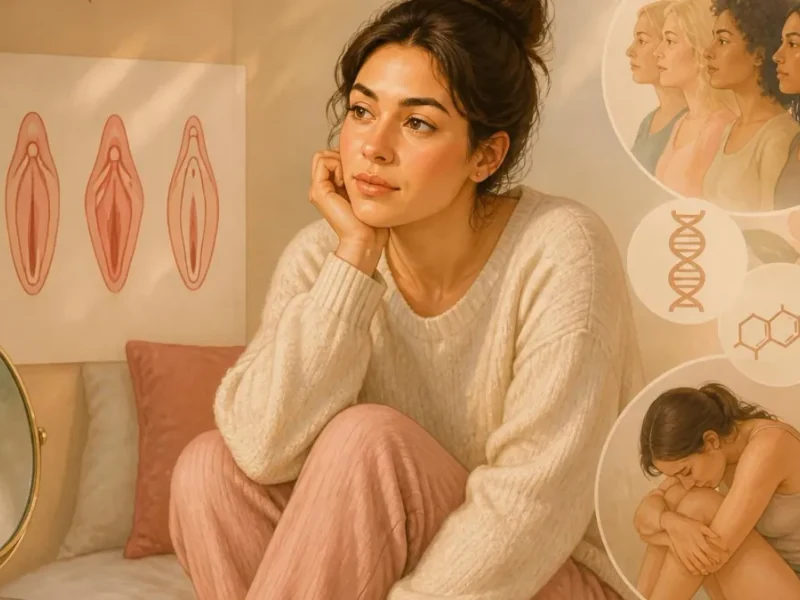 Jeune femme pensive entourée d'illustrations médicales et symboliques sur le thème de l'hypertrophie petite lèvre