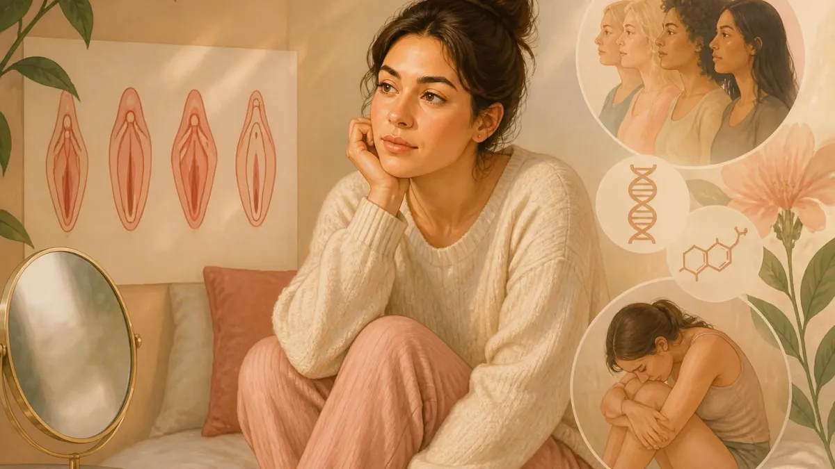 Jeune femme pensive entourée d'illustrations médicales et symboliques sur le thème de l'hypertrophie petite lèvre