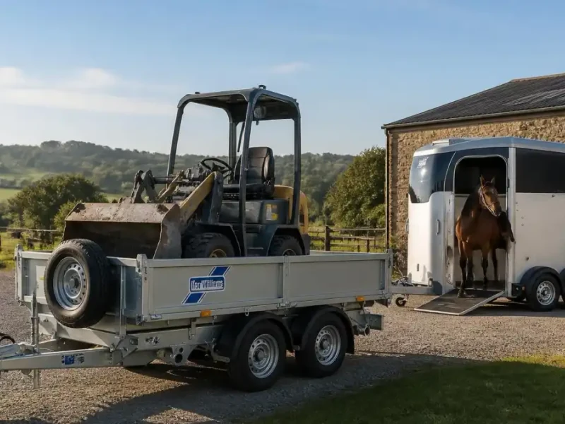 Remorque Ifor Williams transportant un petit engin de chantier à côté d'un van pour chevaux devant une grange