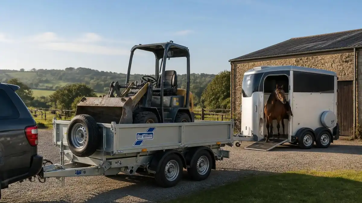 Remorque Ifor Williams transportant un petit engin de chantier à côté d'un van pour chevaux devant une grange