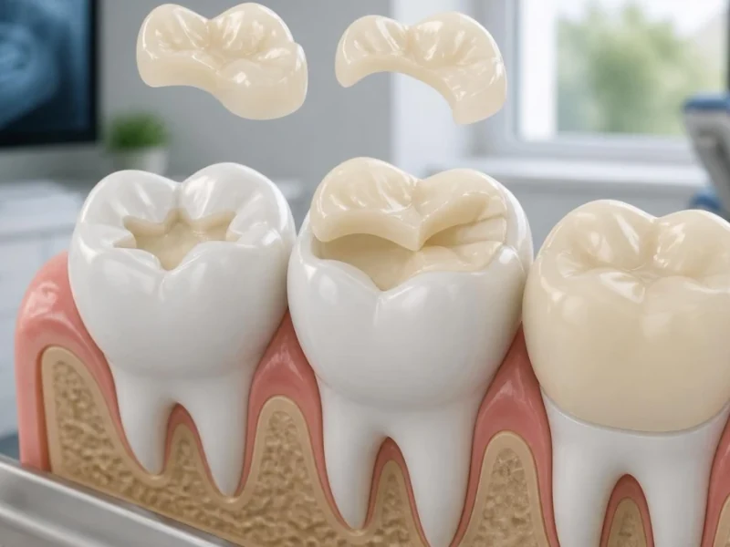 Modèle 3D montrant la pose d'un inlay onlay sur des dents abîmées dans un cabinet dentaire